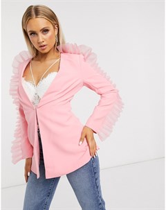 Розовый строгий пиджак с отделкой из органзы на рукавах Club l london