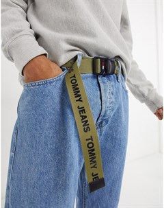 Ремень цвета хаки с D образной пряжкой и логотипом Tommy jeans