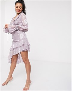 Лавандовое платье мини с глубоким вырезом и оборками Dark pink