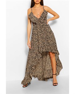 Макси платье с асимметричным подолом с оборками с ремешками и леопардовым принтом Boohoo