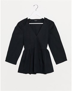 Черная блузка из поплина с запахом и отделкой на плечах Femme Selected