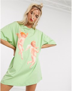 Зеленое платье футболка с принтом ангелочков Fiorucci