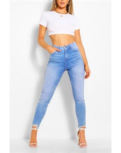 Эластичные скинни джинсы с высокой посадкой и необработанным подолом Boohoo