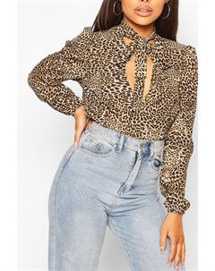 Боди блузка с леопардовым принтом с V образным вырезом и бантом Boohoo
