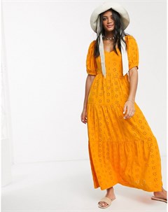 Оранжевое ярусное платье макси с вышивкой ришелье Asos design