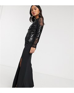 Черное платье макси с длинными рукавами и кружевными вставками Lipsy petite