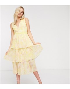 Ярусное платье миди лимонно желтого цвета с цветочным принтом Little mistress tall