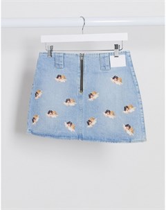 Голубая джинсовая мини юбка с ангелами Fiorucci