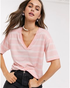 Нежно розовая футболка в полоску с добавлением льна и V образным вырезом Asos design