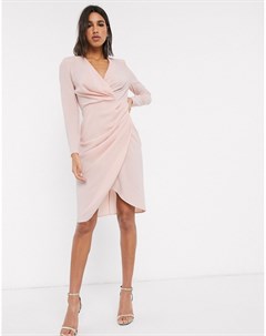 Светло розовое платье миди с запахом и длинными рукавами Asos design