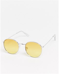 Серебристые круглые солнцезащитные очки с желтыми стеклами Topman