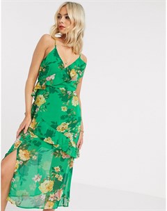 Зеленое платье миди с запахом и цветочным принтом Gilli