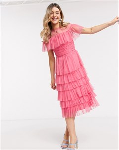 Розовое ярусное сетчатое платье миди с оборками With Love Anaya