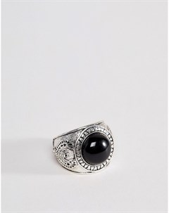 Серебристое кольцо печатка с черным ониксом Icon brand