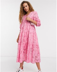 Розовое платье миди с объемными рукавами Femme Selected