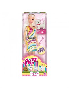 Кукла Ася Блондинка в ярком платье Прогулка с щенком Toys lab