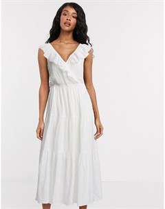 Белое фактурное платье миди с оборками и v образным вырезом Object