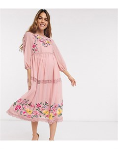 Розовое приталенное платье с кружевной отделкой пышными рукавами и вышивкой ASOS DESIGN Maternity Asos maternity
