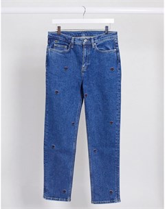 Синие джинсы в винтажном стиле с вышивкой Lacoste