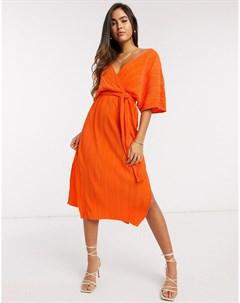 Оранжевое плиссированное платье миди с запахом и широкими рукавами Y.a.s