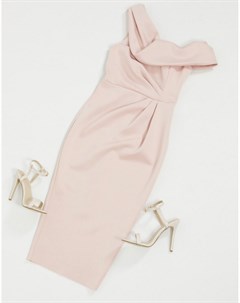 Нежно розовое платье футляр миди со спущенным плечом Asos design