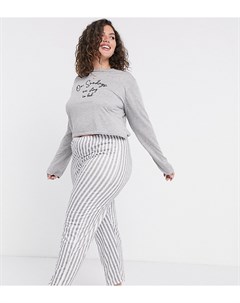 Серая пижама с лонгсливом и брюками в полоску x Billie Faiers In the style plus