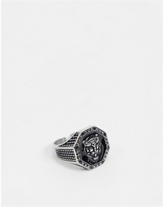Массивное серебристое кольцо печатка с тисненым тигром Seven london