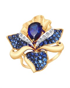 Кольцо из золота с синим корунд синт и бесцветными голубыми и синими фианитами Sokolov