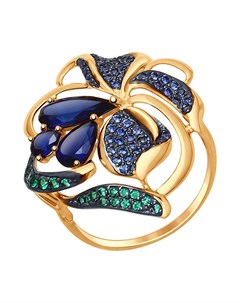 Кольцо из золота с корундами сапфировыми синт зелеными и синими фианитами Sokolov