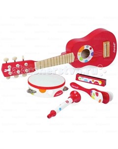 Музыкальный инструмент Набор красных музыкальных инструментов гитара бубен губная гармошка дудочка т Janod