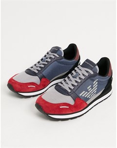 Красно синие кроссовки для бега в стиле колор блок с орлом Emporio armani