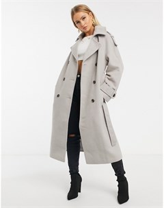 Серое oversized пальто с поясом Missguided