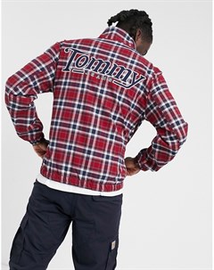 Красная куртка Харрингтон в клетку с логотипом Tommy jeans
