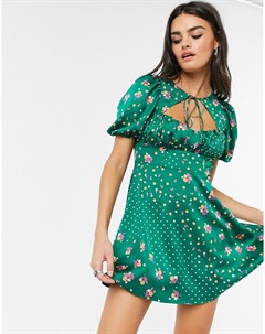 Зеленое атласное платье мини с цветочным принтом For Love and Lemons For love and lemons