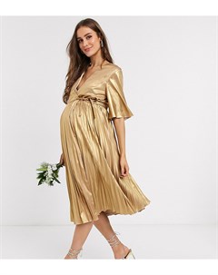 Золотистое платье миди с запахом и плиссировкой Tfnc maternity