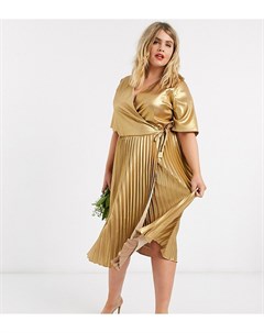 Золотистое платье миди с запахом и плиссировкой Tfnc plus