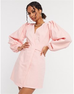 Светло розовое платье мини с запахом и пышными рукавами Asos design