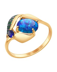 Кольцо из золота с синим корунд синт синим опалом и зелеными фианитами Sokolov